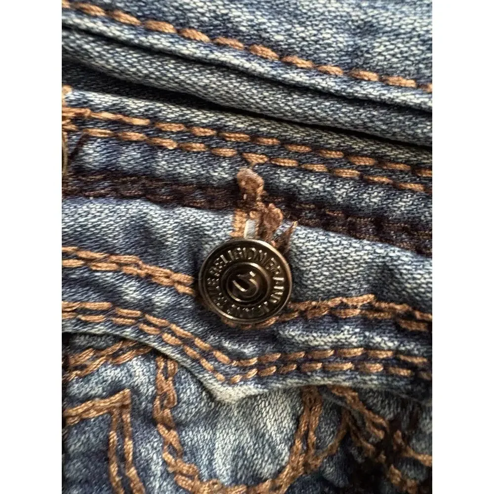 Vtg True Religion Big T Jeans 42x35 Faded Light Blue Flap Pocket Bootcut USA